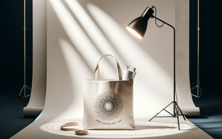 Affichage élégant et simple d'un tote bag personnalisé avec un design unique, sur un fond minimaliste évoquant un studio de mode.